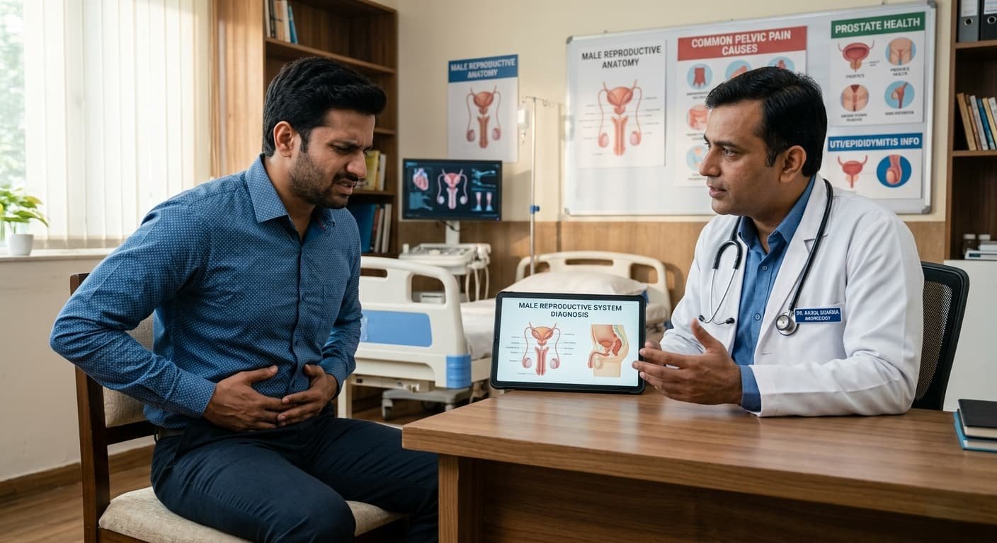 A photorealistic image of a young Indian man in a blue shirt sitting in a modern clinic, clutching his lower abdomen in pain while a male doctor in a white coat explains a diagnosis using a tablet with anatomical diagrams.