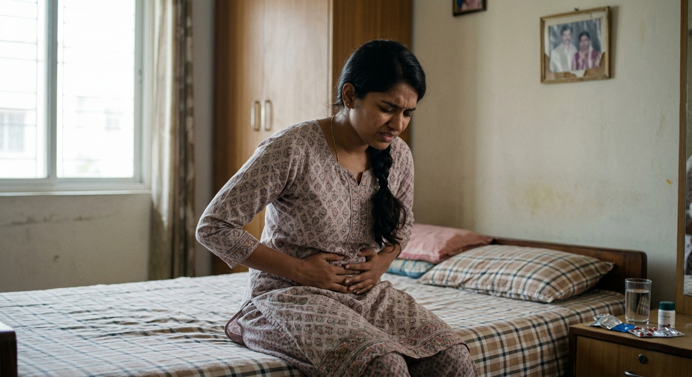 An ultra-realistic, documentary-style photo of a young Indian woman sitting on a patterned bed in a home setting. She is wearing a traditional light-colored kurta, leaning forward with a pained expression, and holding her lower abdomen with both hands. The room is softly lit by a nearby window, showing a domestic environment with a wooden wardrobe and a bedside table holding water and medication.
