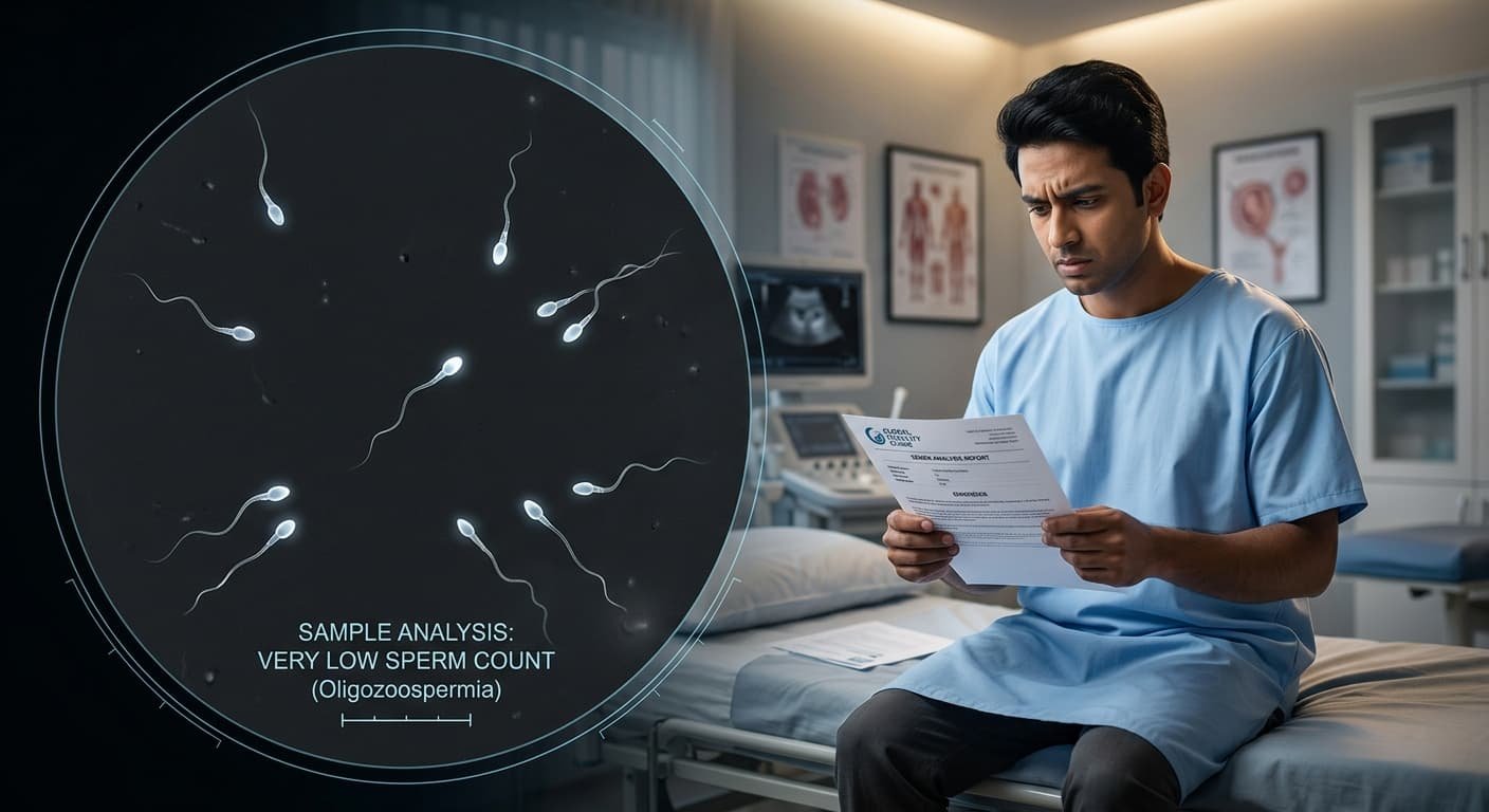 A realistic medical illustration featuring a microscopic view of low sperm density alongside a worried man holding a medical report in a fertility clinic.