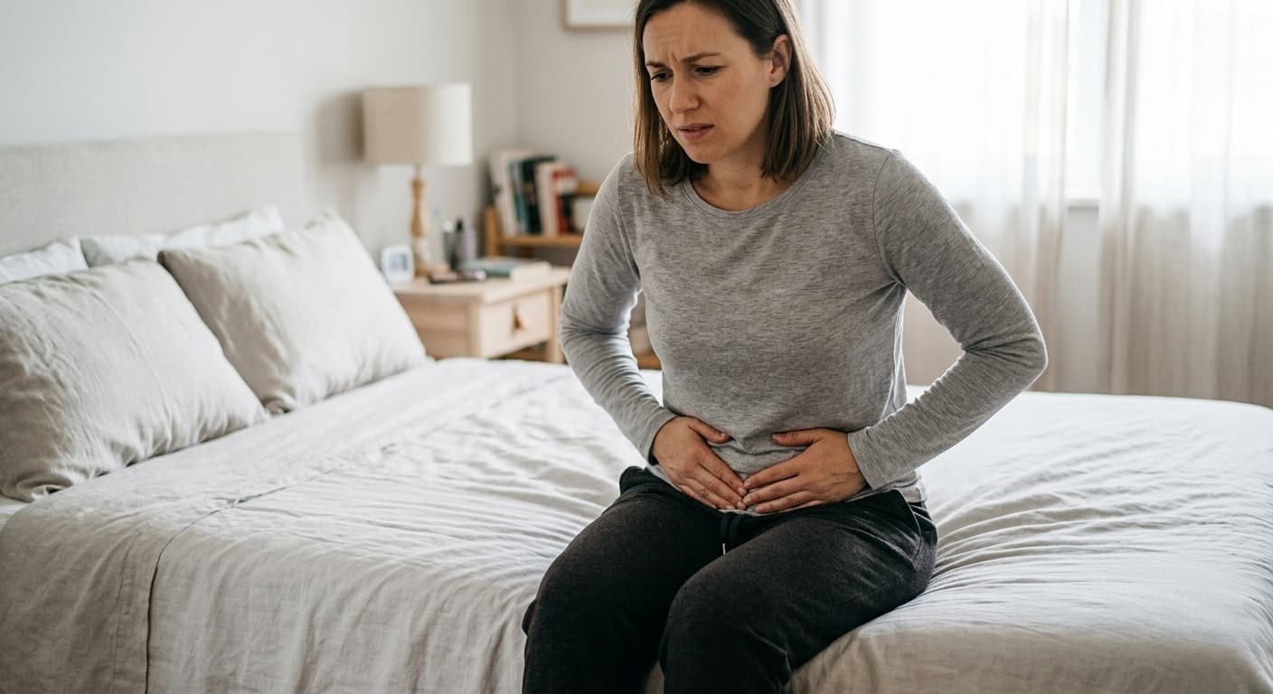 A high-resolution photo of a woman in a grey long-sleeved shirt sitting on the edge of a bed, gripping her lower abdomen with a pained expression.