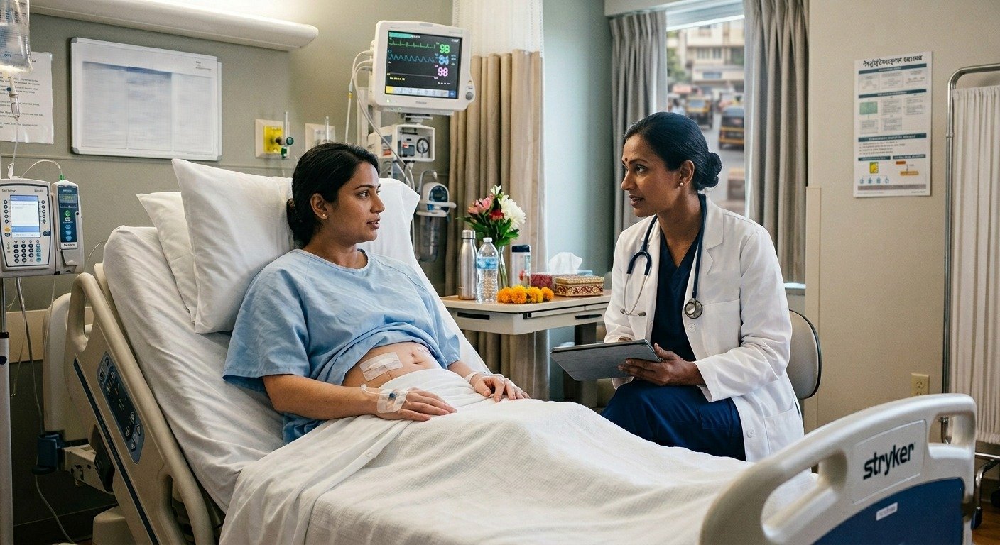 Doctor explaining recovery timeline to a patient after laparoscopic surgery in a hospital setting
